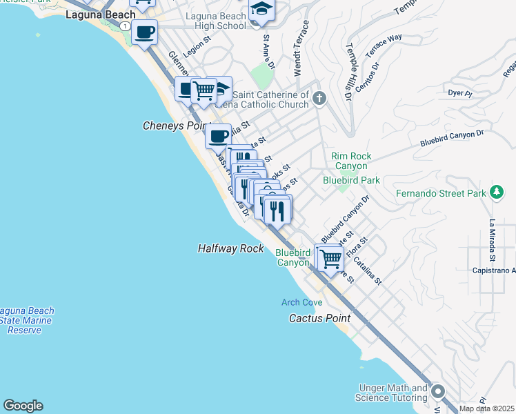 map of restaurants, bars, coffee shops, grocery stores, and more near 1316 South Coast Highway in Laguna Beach