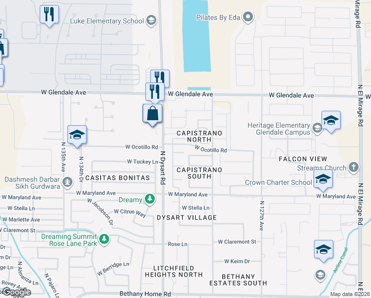 map of restaurants, bars, coffee shops, grocery stores, and more near 12942 West Krall Court in Glendale