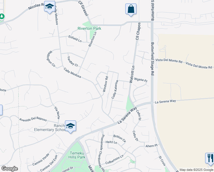 map of restaurants, bars, coffee shops, grocery stores, and more near 40564 Windsor Road in Temecula