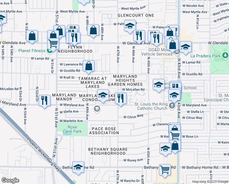 map of restaurants, bars, coffee shops, grocery stores, and more near 19 West Sierra Vista Drive in Glendale