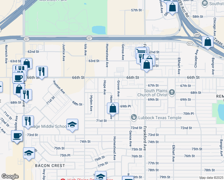 map of restaurants, bars, coffee shops, grocery stores, and more near 6002 68th Street in Lubbock