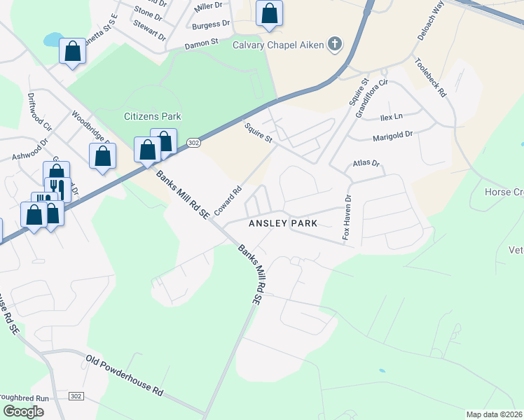 map of restaurants, bars, coffee shops, grocery stores, and more near 108 Kousa Lane in Aiken