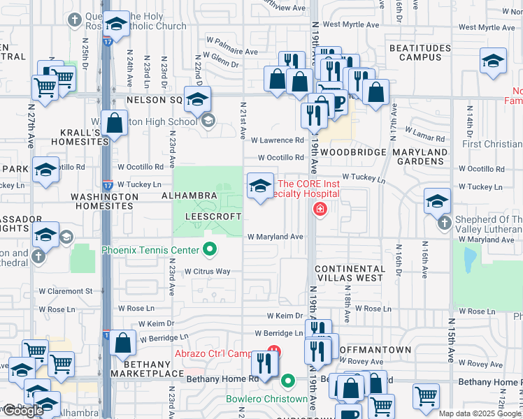map of restaurants, bars, coffee shops, grocery stores, and more near 6503 North 21st Avenue in Phoenix
