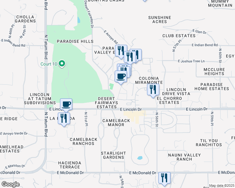 map of restaurants, bars, coffee shops, grocery stores, and more near 109 Marriot Resort Hotel Condominium in Paradise Valley