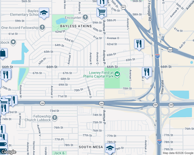 map of restaurants, bars, coffee shops, grocery stores, and more near 1613 69th Street in Lubbock