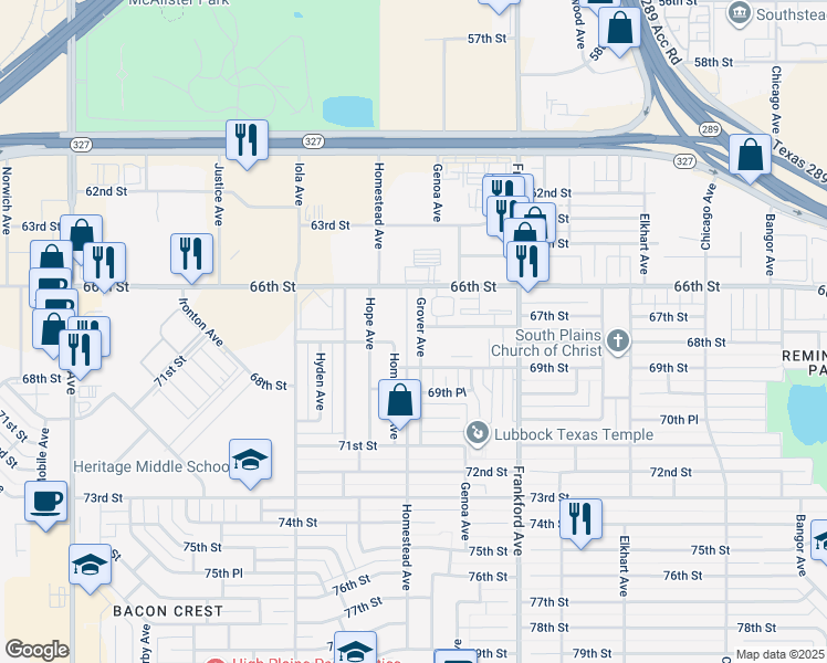 map of restaurants, bars, coffee shops, grocery stores, and more near 6002 68th Street in Lubbock