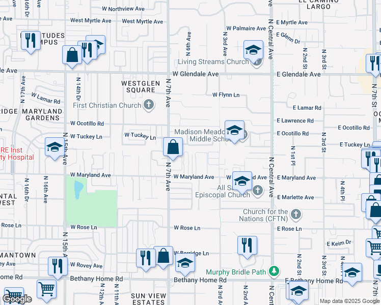 map of restaurants, bars, coffee shops, grocery stores, and more near 6547 North 5th Avenue in Phoenix