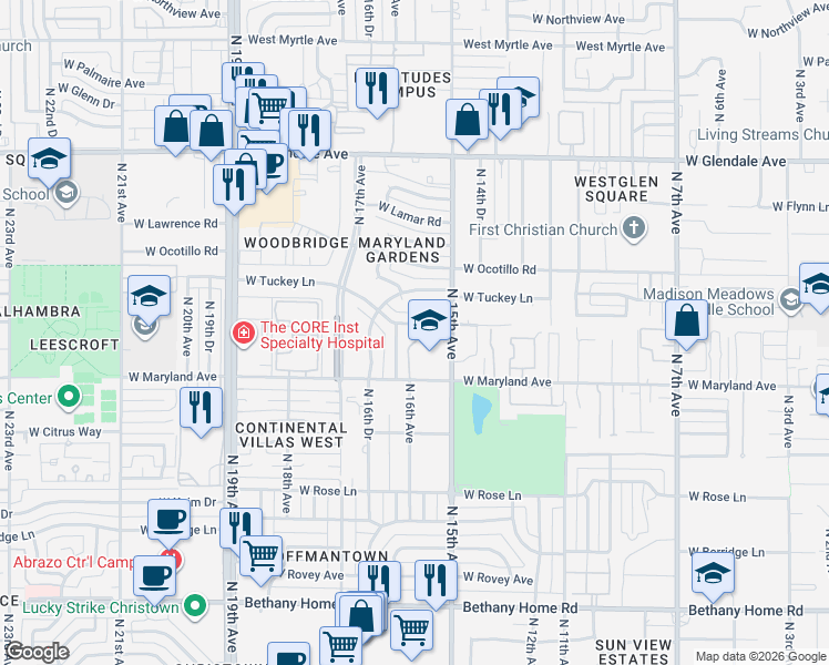 map of restaurants, bars, coffee shops, grocery stores, and more near 1512 West McLellan Boulevard in Phoenix