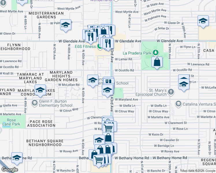 map of restaurants, bars, coffee shops, grocery stores, and more near 6542 North 43rd Avenue in Glendale