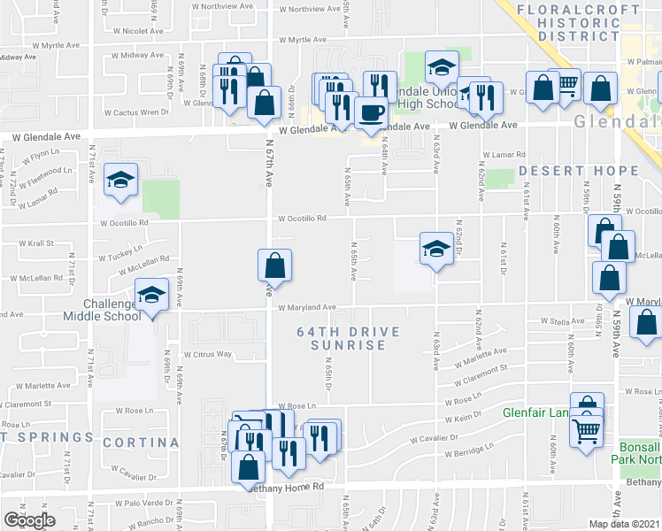 map of restaurants, bars, coffee shops, grocery stores, and more near 6529 West Ocotillo Road in Glendale