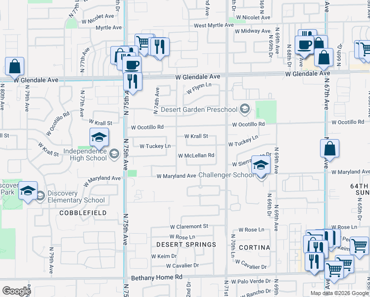map of restaurants, bars, coffee shops, grocery stores, and more near 7222 West McLellan Road in Glendale