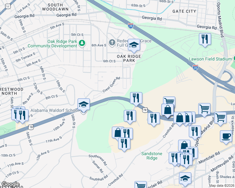 map of restaurants, bars, coffee shops, grocery stores, and more near 6321 Crest Green Road in Birmingham