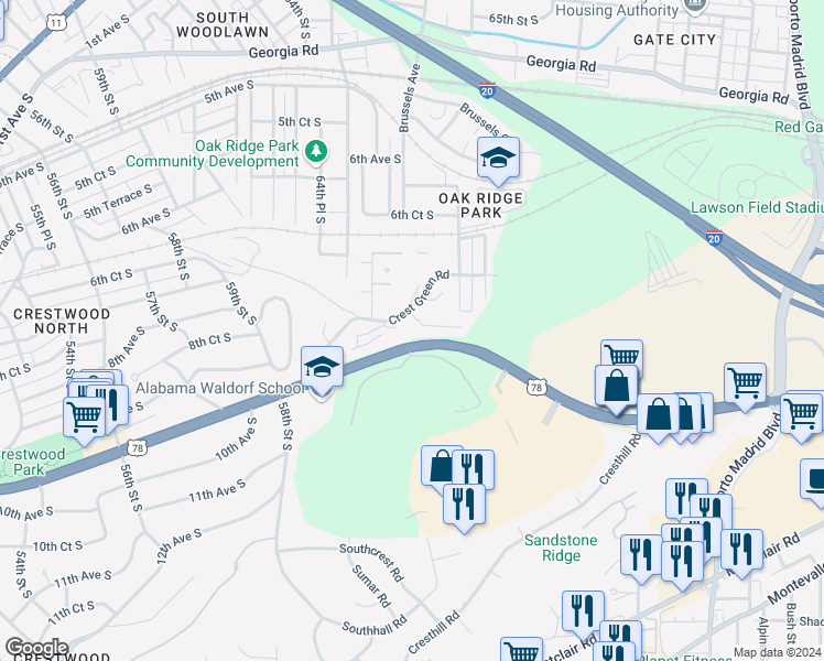 map of restaurants, bars, coffee shops, grocery stores, and more near in Birmingham