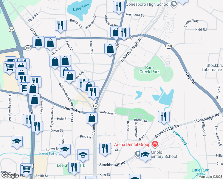 map of restaurants, bars, coffee shops, grocery stores, and more near 104 East Mimosa Drive in Jonesboro