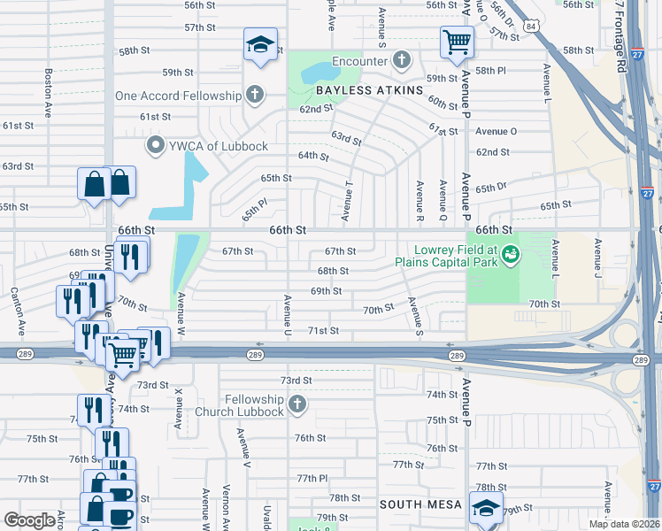 map of restaurants, bars, coffee shops, grocery stores, and more near 1930 68th Street in Lubbock