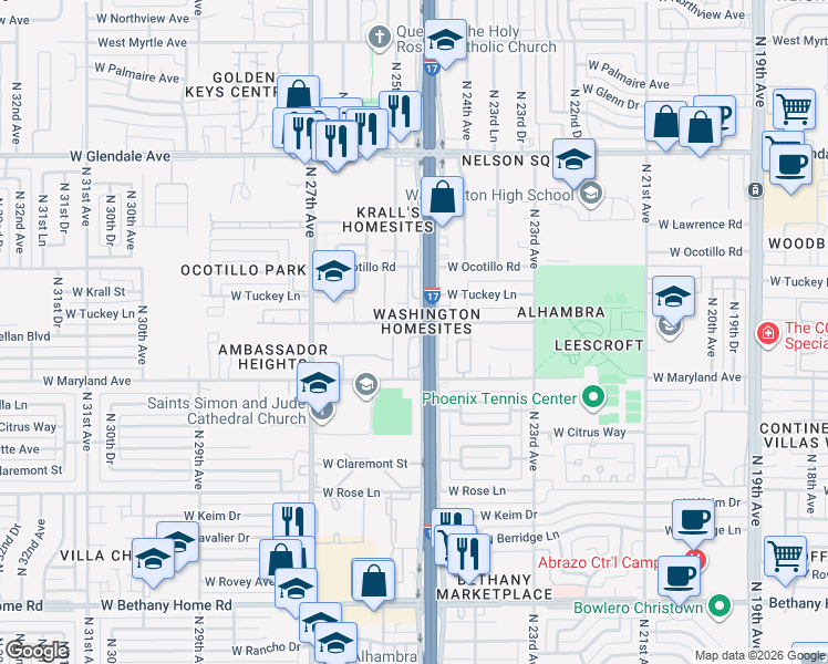 map of restaurants, bars, coffee shops, grocery stores, and more near 6540 North Black Canyon Highway in Phoenix