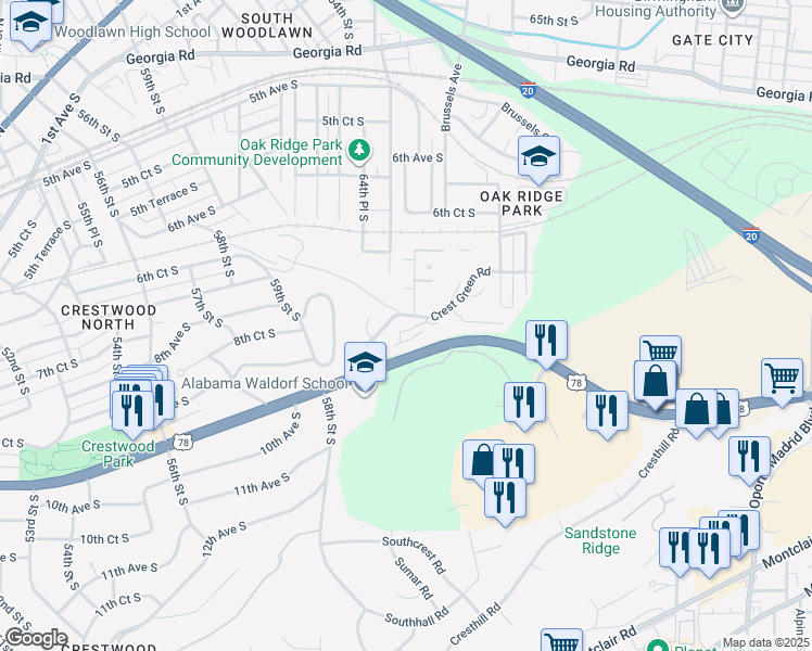 map of restaurants, bars, coffee shops, grocery stores, and more near 6123 Crest Green Road in Birmingham