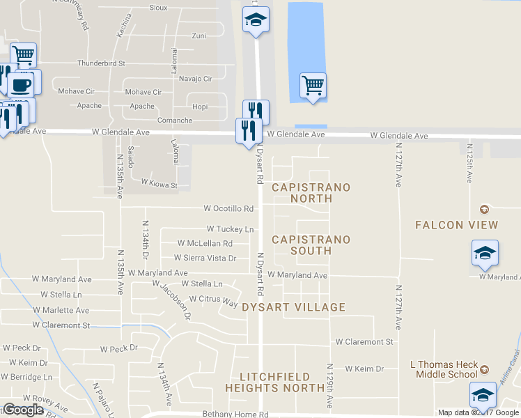 map of restaurants, bars, coffee shops, grocery stores, and more near 6704 North Dysart Road in Glendale