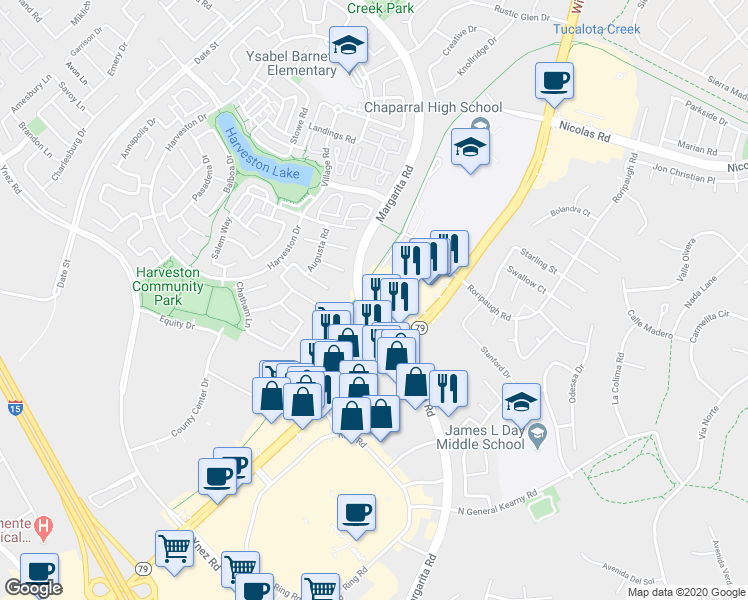 map of restaurants, bars, coffee shops, grocery stores, and more near 40365 Winchester Road in Temecula