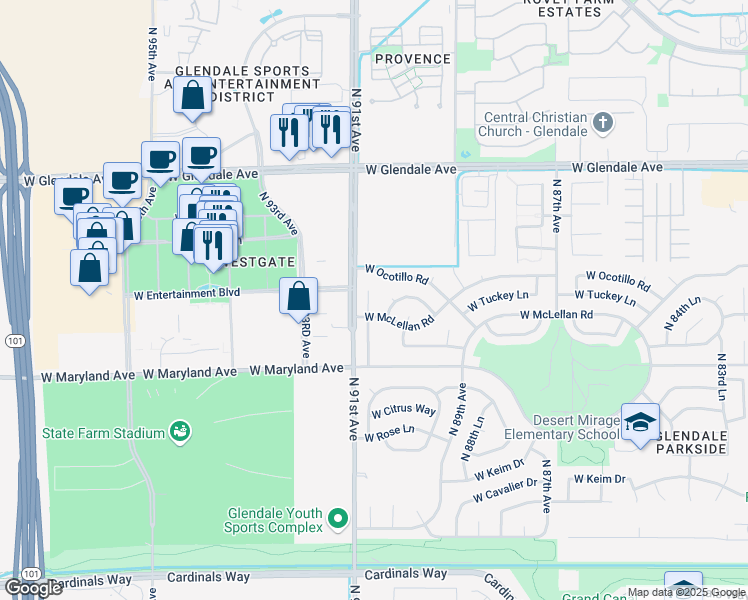 map of restaurants, bars, coffee shops, grocery stores, and more near 6617 North 90th Drive in Glendale