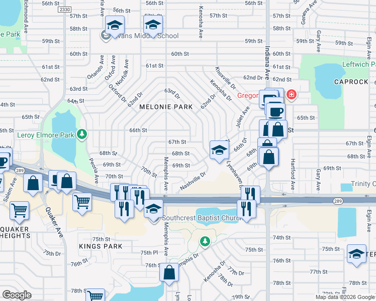 map of restaurants, bars, coffee shops, grocery stores, and more near 3705 68th Street in Lubbock