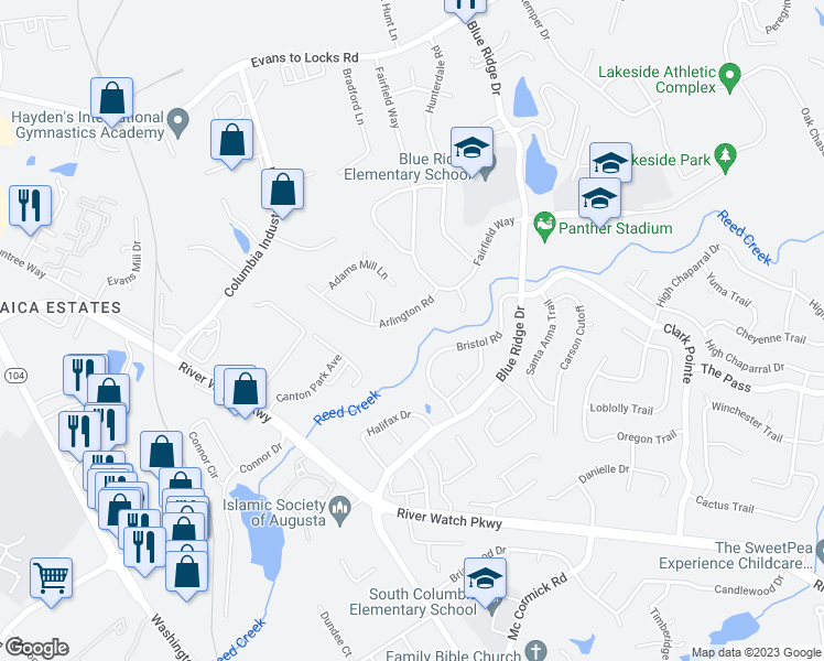 map of restaurants, bars, coffee shops, grocery stores, and more near 4158 Arlington Road in Evans
