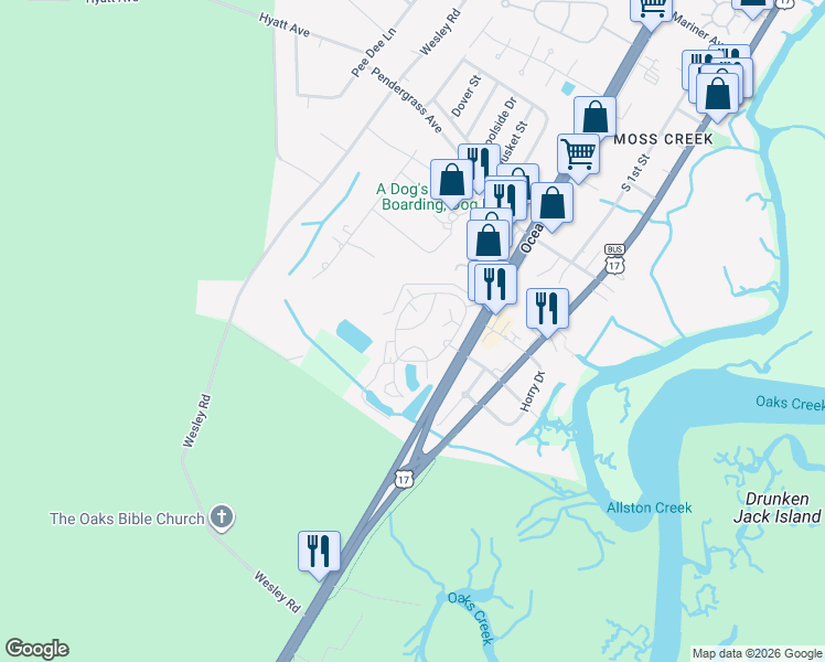 map of restaurants, bars, coffee shops, grocery stores, and more near 163 Dubose Loop in Murrells Inlet