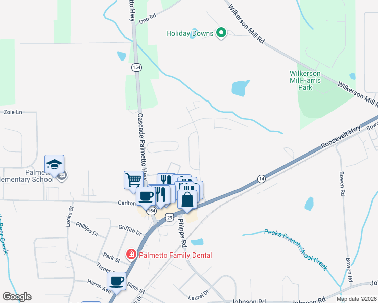 map of restaurants, bars, coffee shops, grocery stores, and more near Princeton Circle in Palmetto