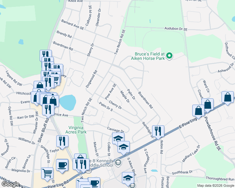 map of restaurants, bars, coffee shops, grocery stores, and more near 110 Poplar Place in Aiken
