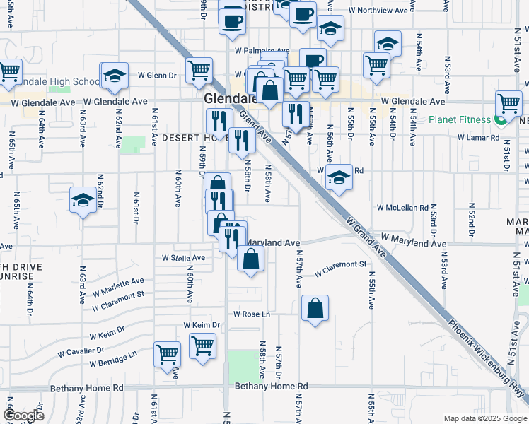 map of restaurants, bars, coffee shops, grocery stores, and more near 5805 West McLellan Road in Glendale