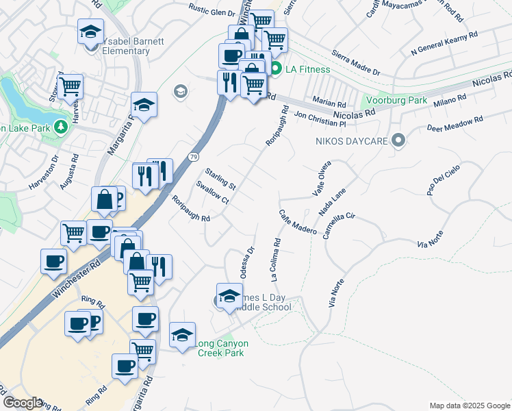 map of restaurants, bars, coffee shops, grocery stores, and more near 40108 Odessa Drive in Temecula
