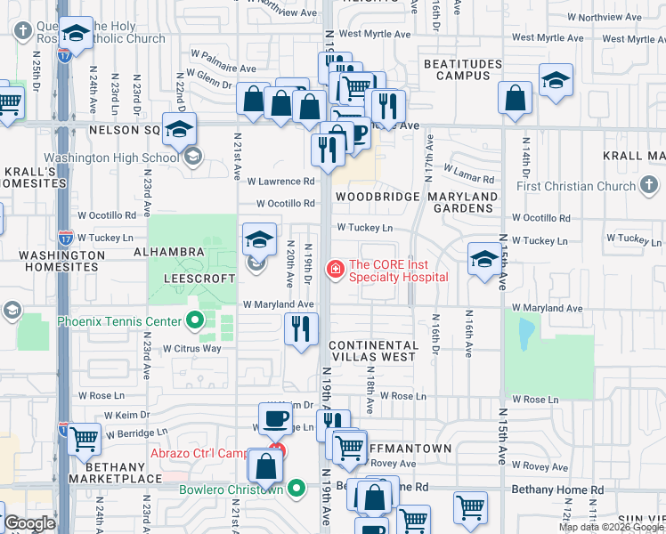 map of restaurants, bars, coffee shops, grocery stores, and more near 6501 North 19th Avenue in Phoenix