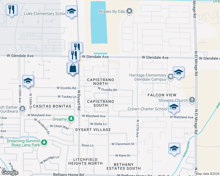 map of restaurants, bars, coffee shops, grocery stores, and more near 12903 West Krall Street in Glendale