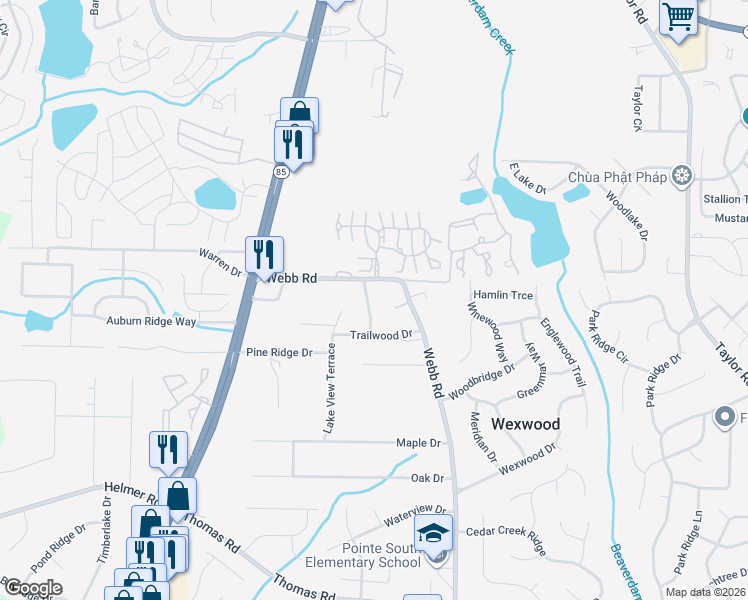 map of restaurants, bars, coffee shops, grocery stores, and more near 8130 Woodcliff Trail in Riverdale