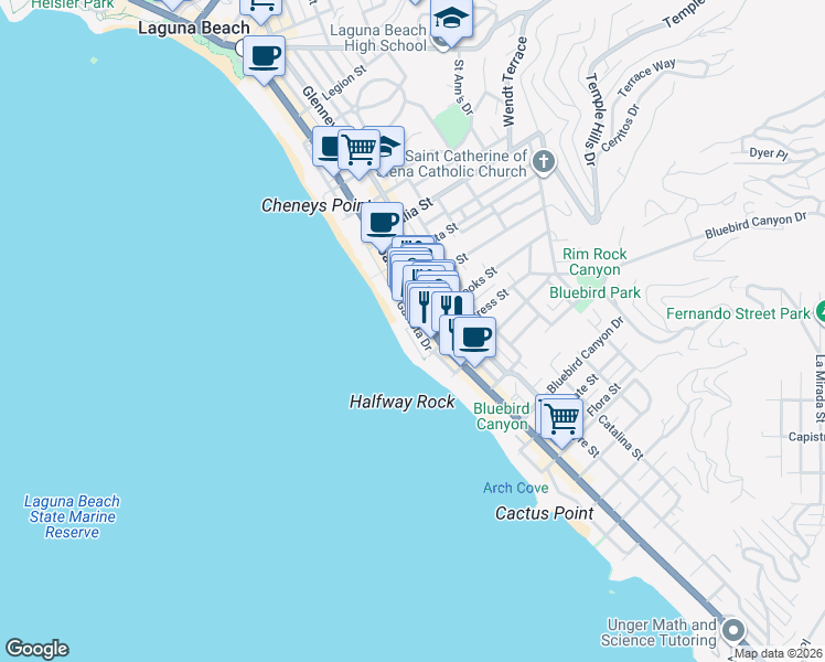 map of restaurants, bars, coffee shops, grocery stores, and more near 111 Brooks Street in Laguna Beach