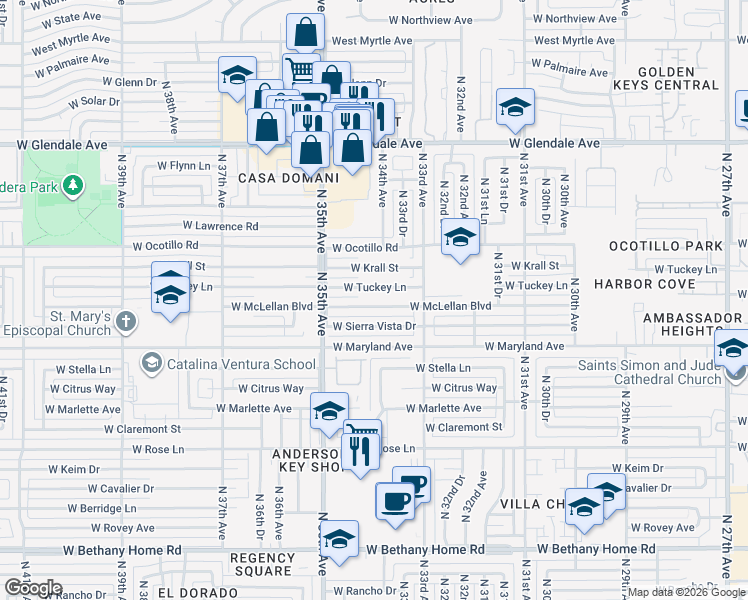 map of restaurants, bars, coffee shops, grocery stores, and more near 3415 West McLellan Boulevard in Phoenix