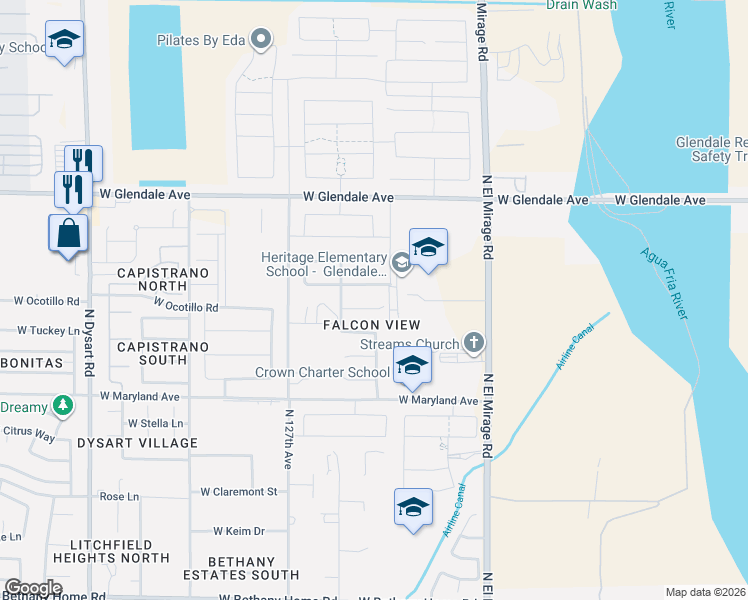 map of restaurants, bars, coffee shops, grocery stores, and more near 12527 West Krall Court in Glendale