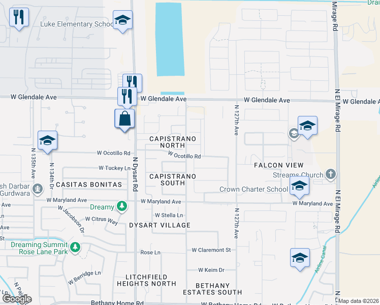 map of restaurants, bars, coffee shops, grocery stores, and more near 12903 West Krall Street in Glendale