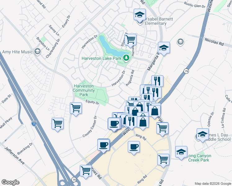 map of restaurants, bars, coffee shops, grocery stores, and more near 40479 Charleston Street in Temecula