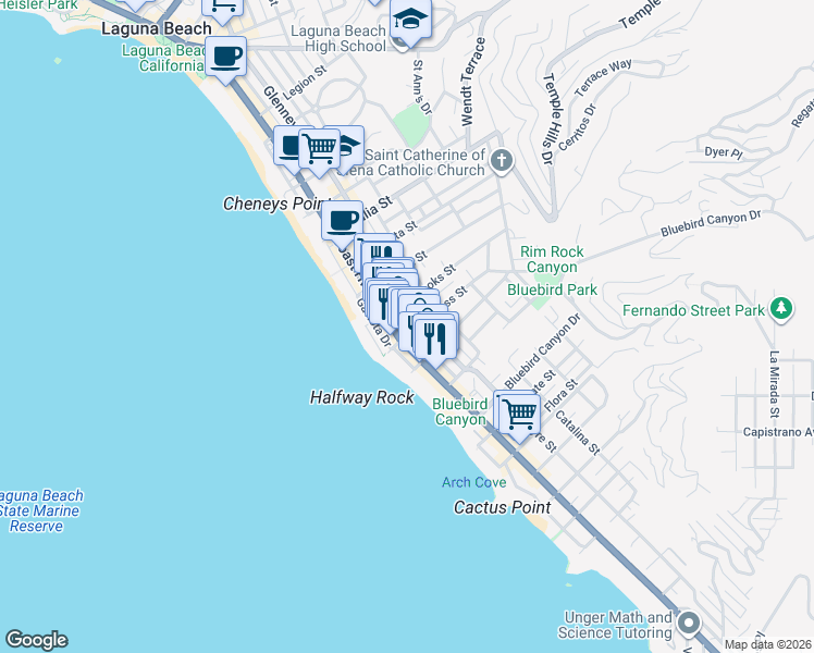 map of restaurants, bars, coffee shops, grocery stores, and more near 1316 South Coast Highway in Laguna Beach
