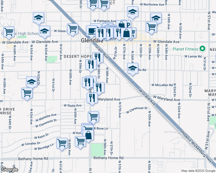 map of restaurants, bars, coffee shops, grocery stores, and more near 5805 West McLellan Road in Glendale