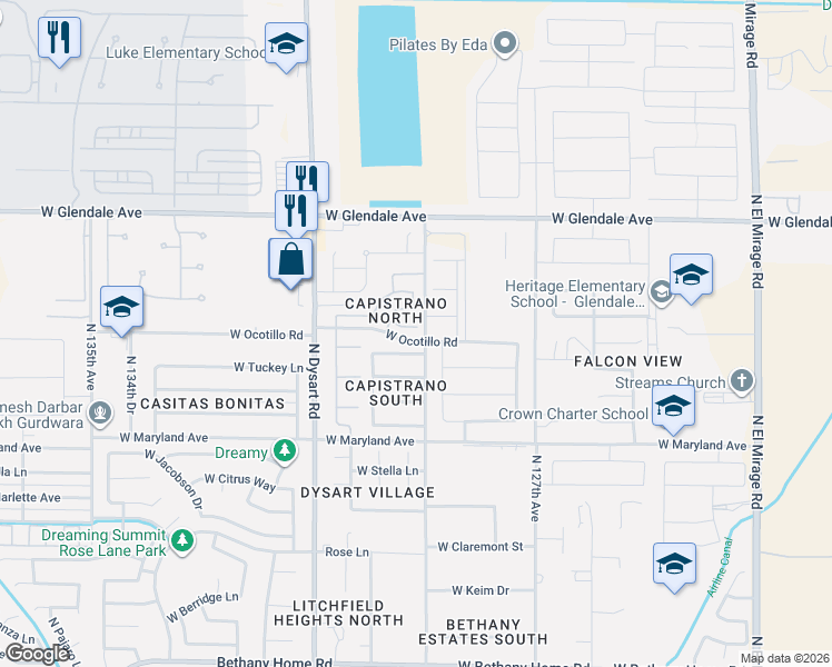map of restaurants, bars, coffee shops, grocery stores, and more near 12903 West Krall Street in Glendale