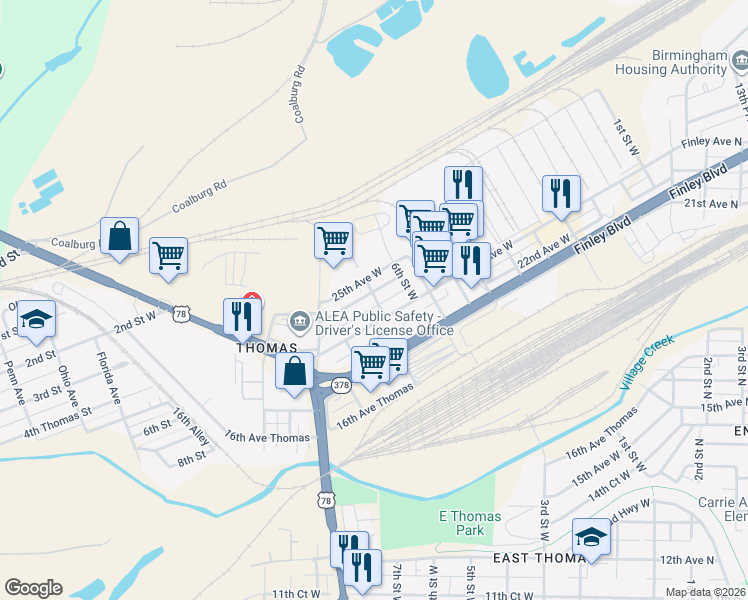 map of restaurants, bars, coffee shops, grocery stores, and more near 642 Finley Avenue West in Birmingham