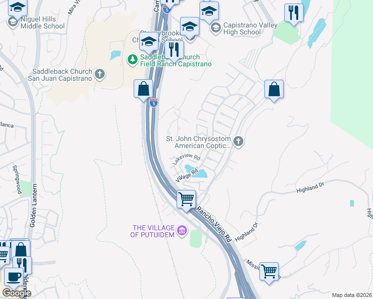 map of restaurants, bars, coffee shops, grocery stores, and more near 29605 Fairglen Court in San Juan Capistrano