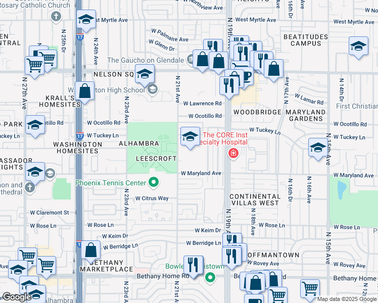 map of restaurants, bars, coffee shops, grocery stores, and more near 6503 North 21st Avenue in Phoenix