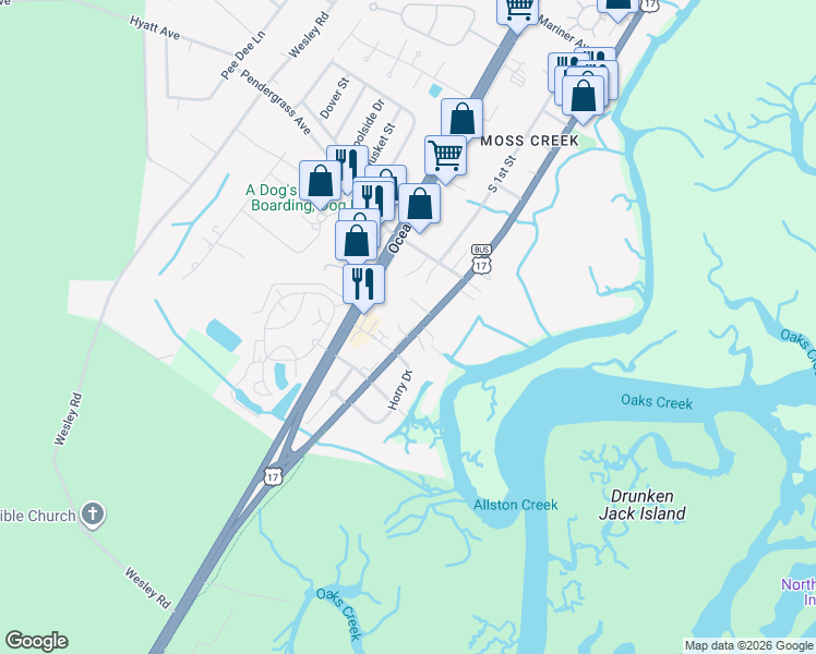 map of restaurants, bars, coffee shops, grocery stores, and more near 5 Fish Shack Alley in Murrells Inlet
