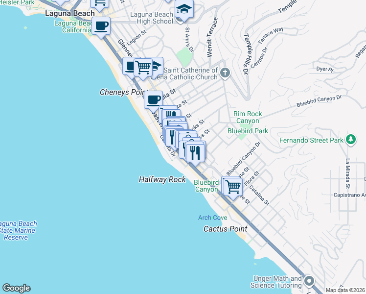 map of restaurants, bars, coffee shops, grocery stores, and more near 1316 South Coast Highway in Laguna Beach