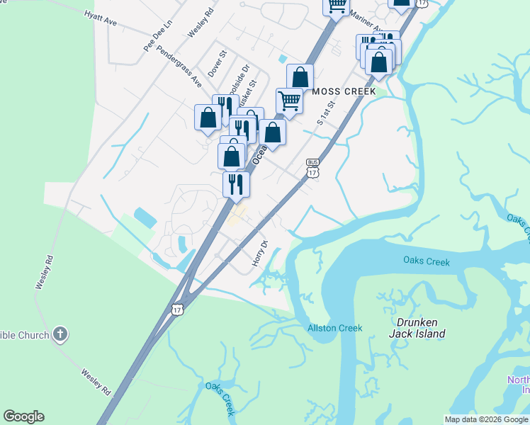 map of restaurants, bars, coffee shops, grocery stores, and more near 5 Fish Shack Alley in Murrells Inlet