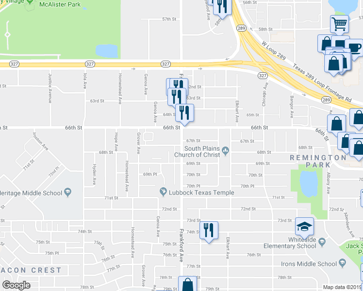 map of restaurants, bars, coffee shops, grocery stores, and more near 6702 Frankford Avenue in Lubbock