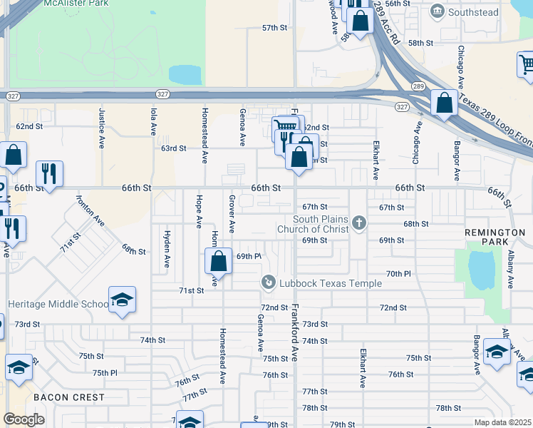 map of restaurants, bars, coffee shops, grocery stores, and more near 5879 67th Street in Lubbock